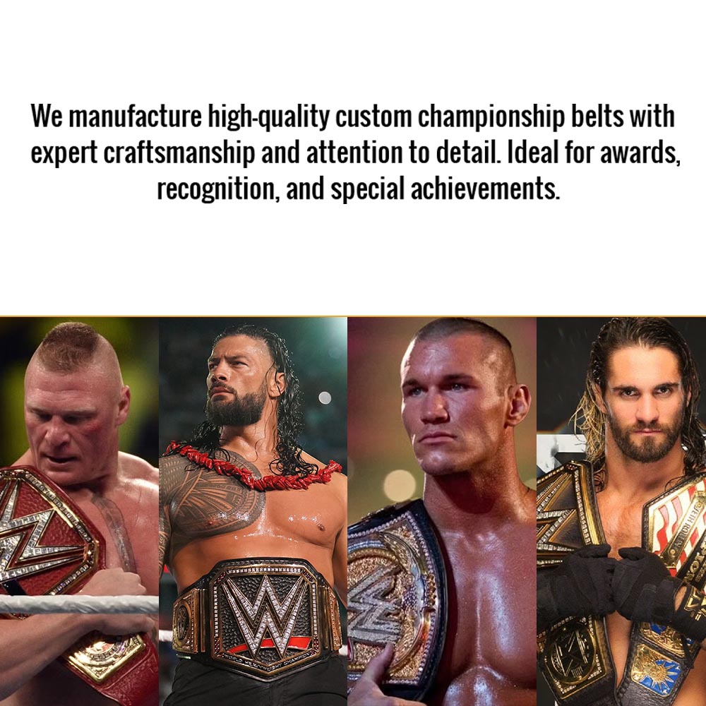Four wrestlers wearing championship belts with text about high-quality custom belts.