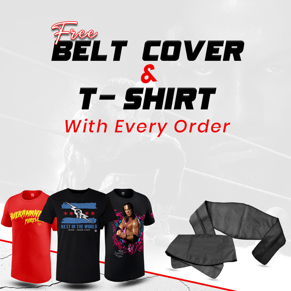 banner for free belt cover and t-shirt with every order, featuring three t-shirts and a belt cover.