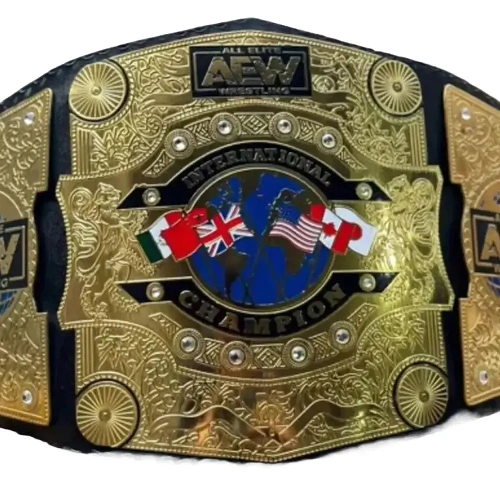 AEW All Atlantic Championship belt with gold plates and international flags from Championship Belts Online