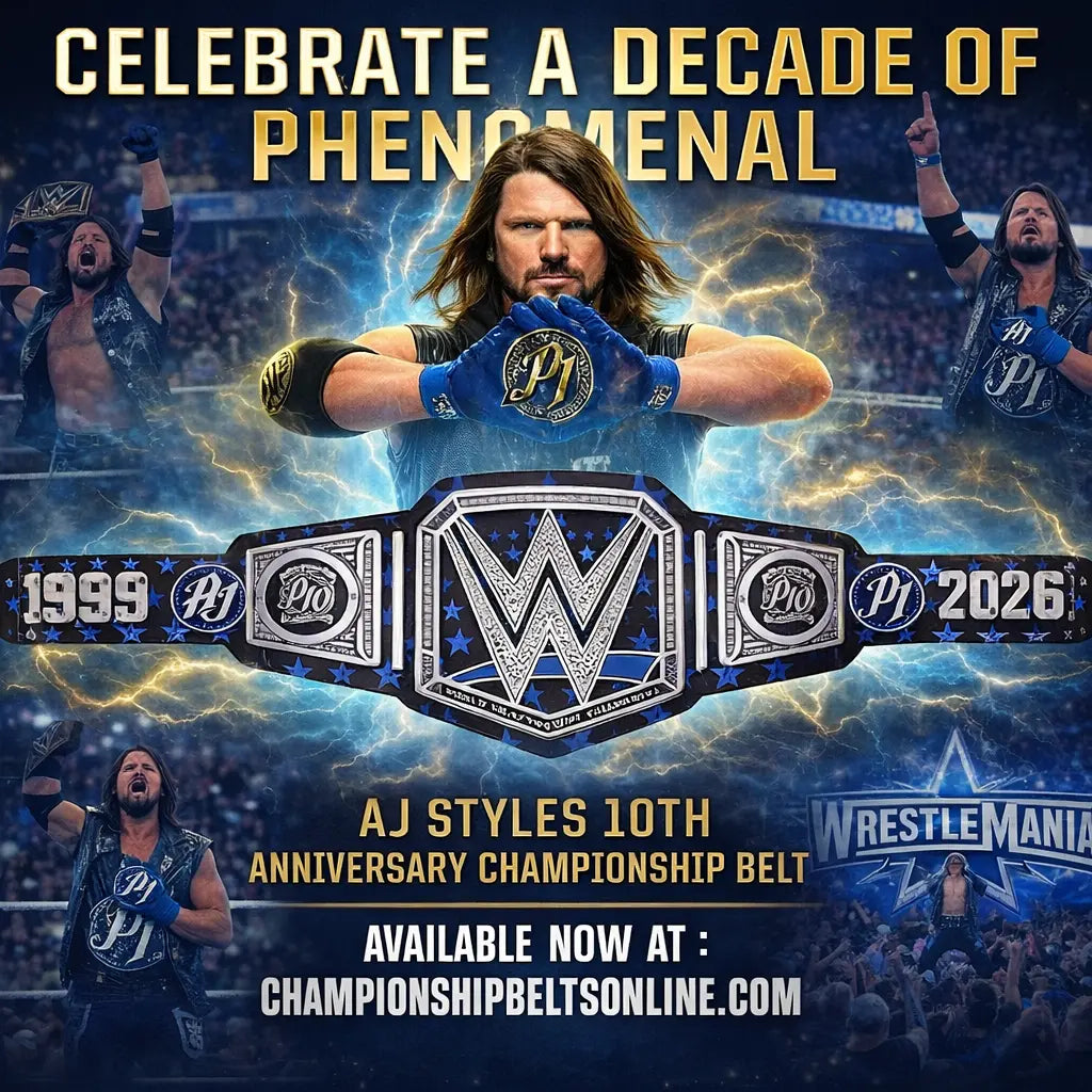 Promotional poster for AJ Styles' 10th anniversary championship belt, featuring WWE logos and a wrestling ring.