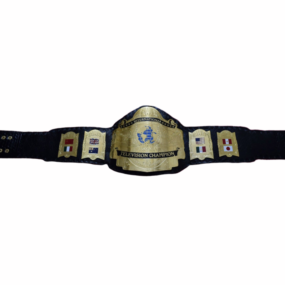 AWA International TV Championship Belt with gold plates and black leather strap by Championship Belts Online
