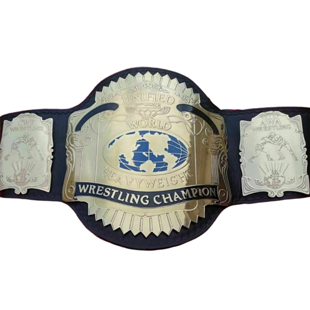 AWA Unified World Heavyweight Championship belt with gold plates and black strap by Championship Belts Online