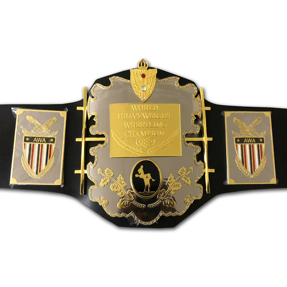 AWA World Heavyweight Championship belt with gold and silver plates on black leather strap
