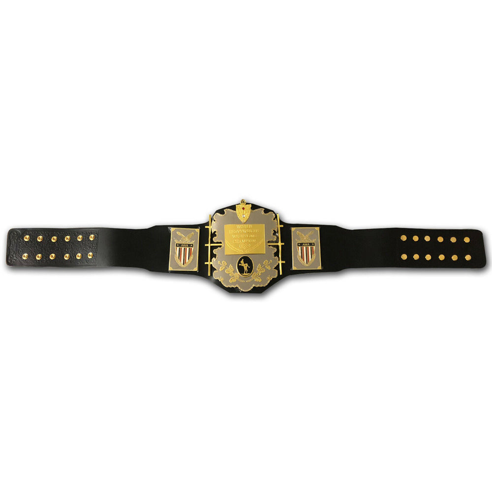 AWA World Heavyweight Championship belt with gold plates and black leather strap from Championship Belts Online