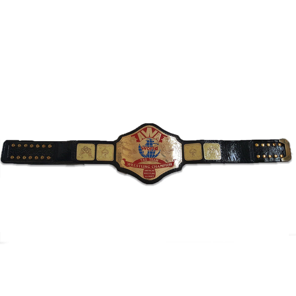 AWA World Tag Team Championship belt with black leather strap and gold plates from Championship Belts Online