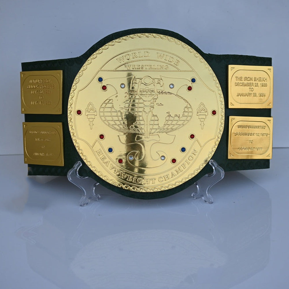 Big Green Belt WWE replica championship belt with gold plates and black leather strap from Championship Belts Online