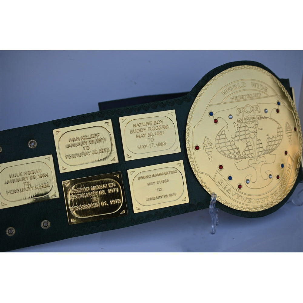 Big Green Belt WWE replica championship belt with gold plates and detailed engravings by Championship Belts Online