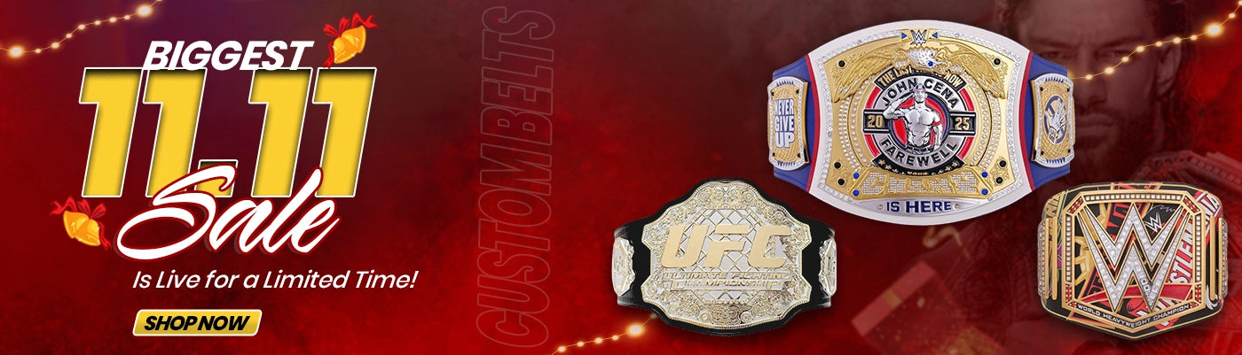 11.11 Sale banner for Championship Belts Online featuring custom and replica wrestling belts