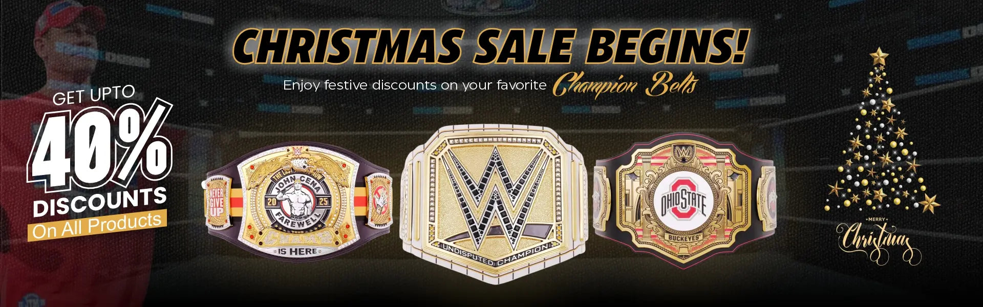 Christmas Sale Begins! Banner for a championship belts online store showing Up To 40% Discounts On All Products.