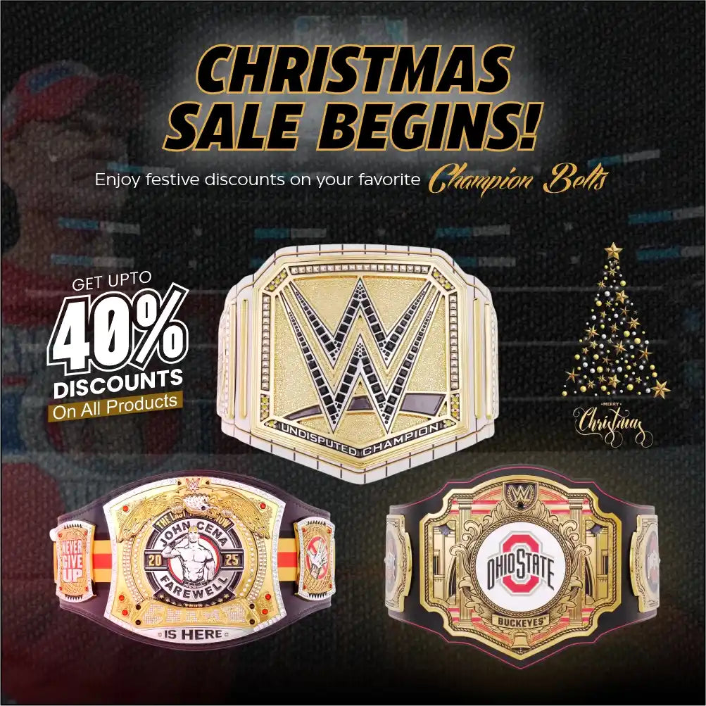 Christmas Sale Begins! Banner for a championship belts online store showing Up To 40% Discounts On All Belts.
