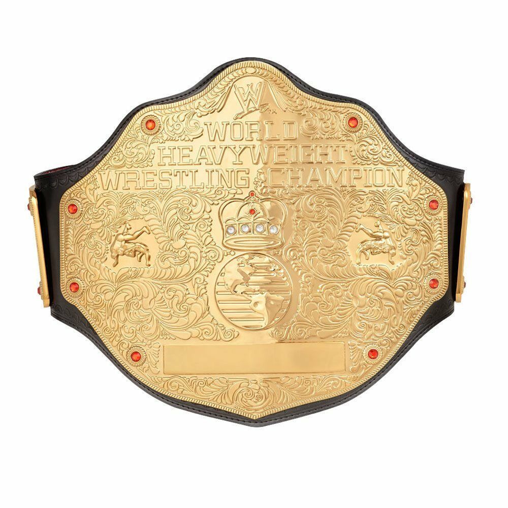 Classic Big Gold wrestling belt replica with intricate gold plate and black leather strap