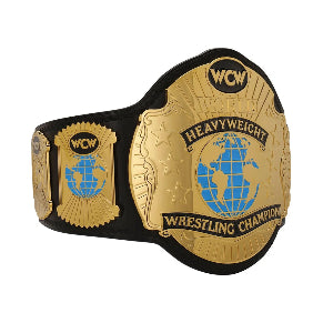 WCW World Heavyweight Wrestling Championship belt, featuring the gold main plate with the blue globe design.