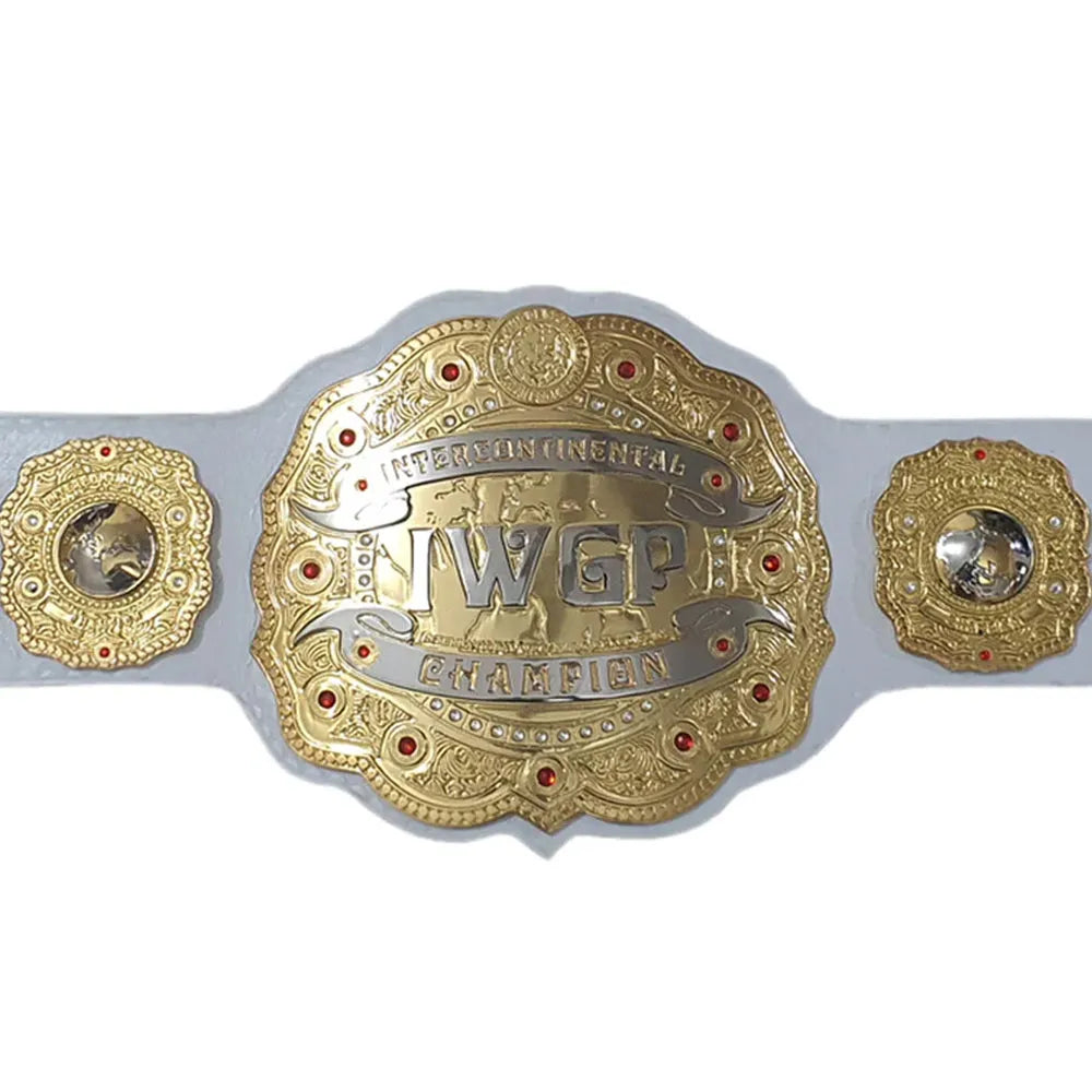 IWGP championship belt for sale with gold plates and white leather strap by Championship Belts Online