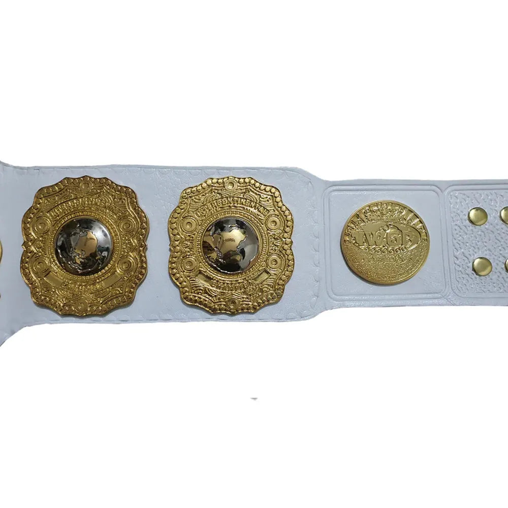 IWGP championship belt for sale with gold detailed plates on a white leather strap from Championship Belts Online
