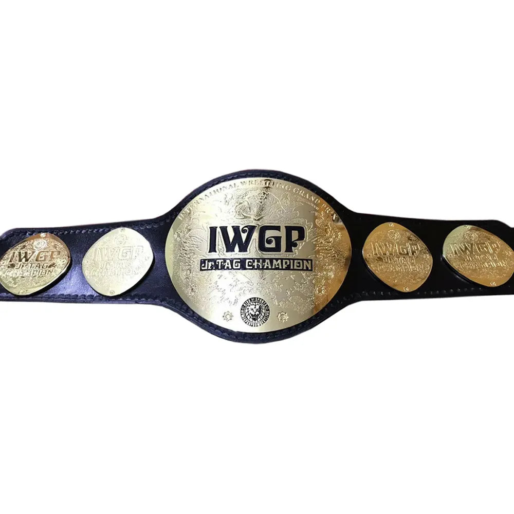 IWGP Jr. Tag Championship replica belt with gold plates and black leather strap from Championship Belts Online