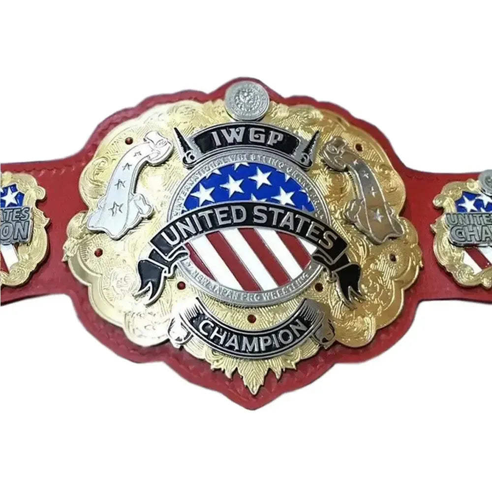 IWGP United States Championship replica belt with gold plates and red leather strap from Championship Belts Online