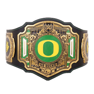 University of Oregon Ducks custom wrestling championship belt, featuring the green and yellow 'O' logo on the main plate.
