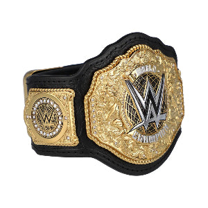 The WWE World Heavyweight Championship Big Gold Belt replica, featuring intricate gold plating and the black leather strap.
