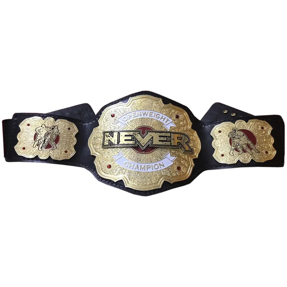 NJPW NEVER Openweight replica belt with gold plates and black leather strap from Championship Belts Online
