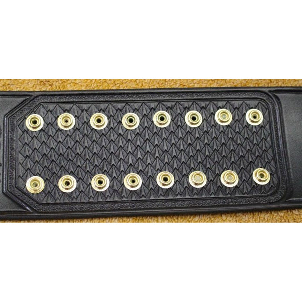 Close up of black leather strap with gold snaps on NJPW Strong Openweight championship belt