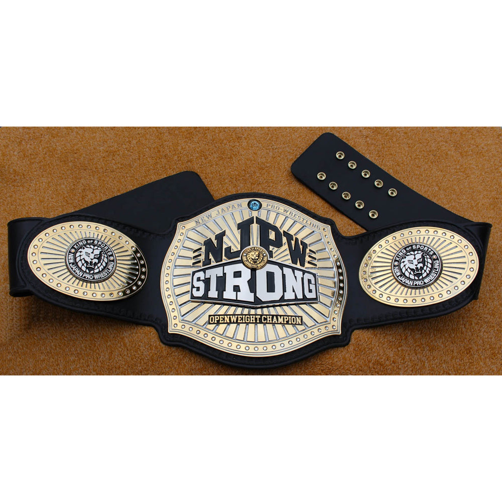 NJPW Strong Openweight championship belt by Championship Belts Online with detailed gold and black design
