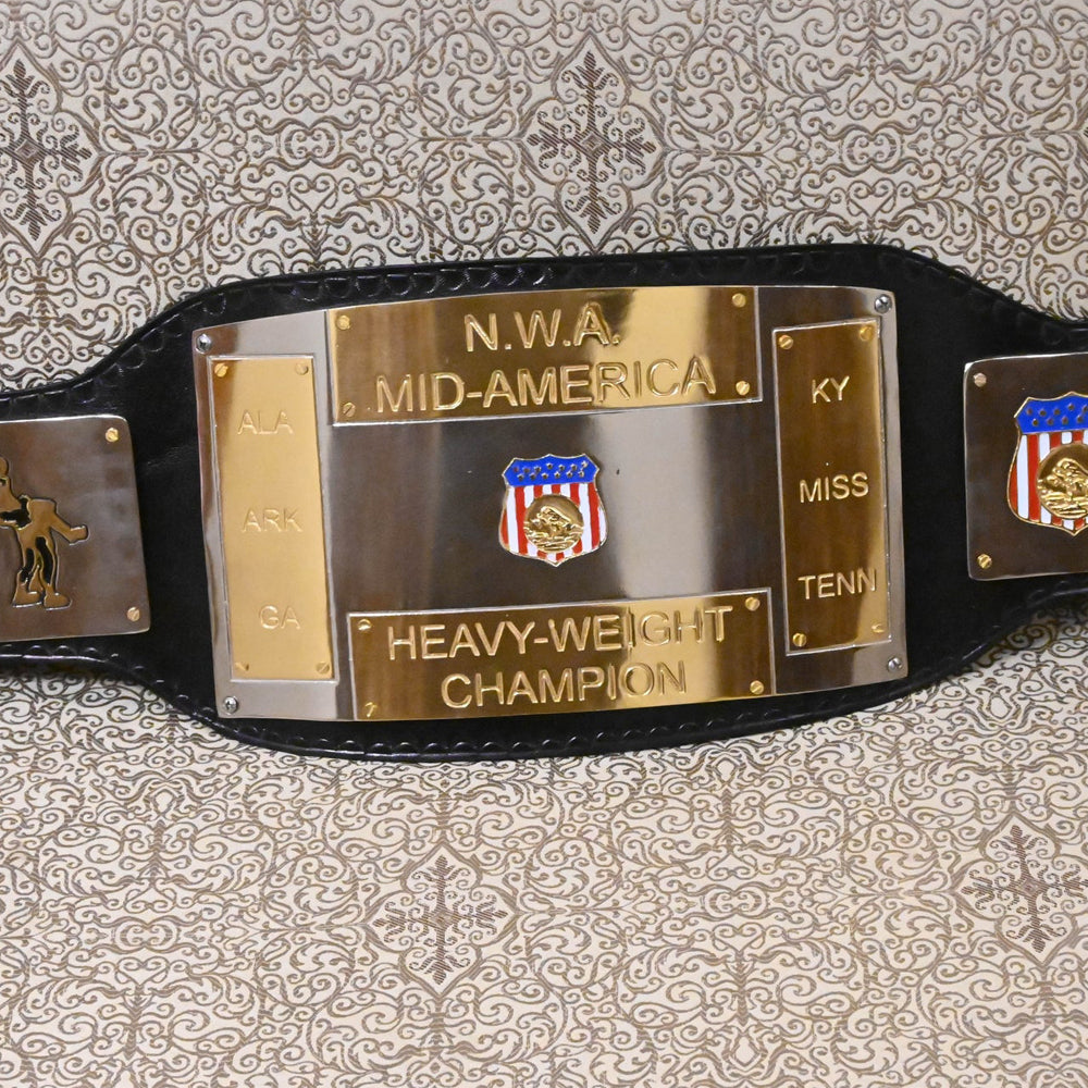 NWA Mid-America championship replica belt with gold plates on black leather strap from Championship Belts Online