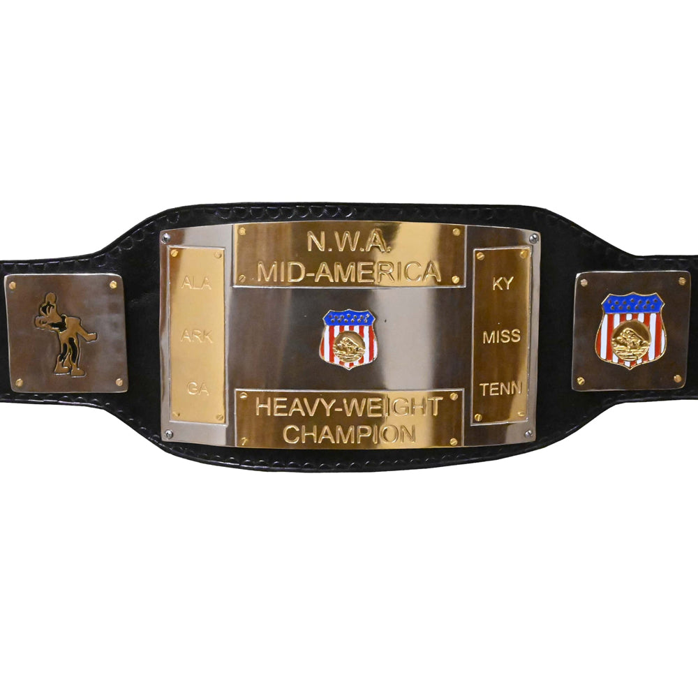 NWA Mid-America championship replica belt with gold plates and black leather strap from Championship Belts Online