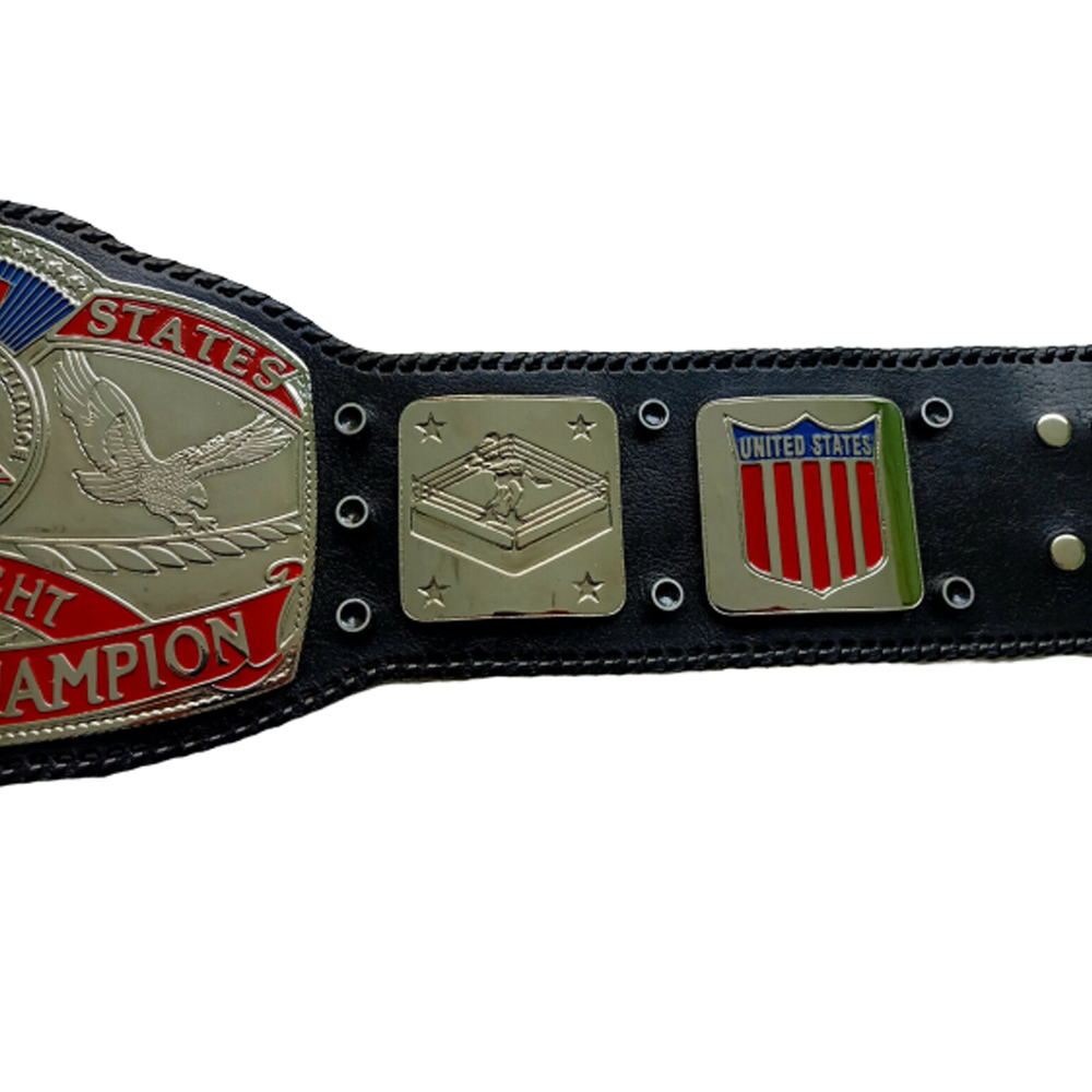 NWA United States Championship replica belt with detailed red and blue accents on black leather strap