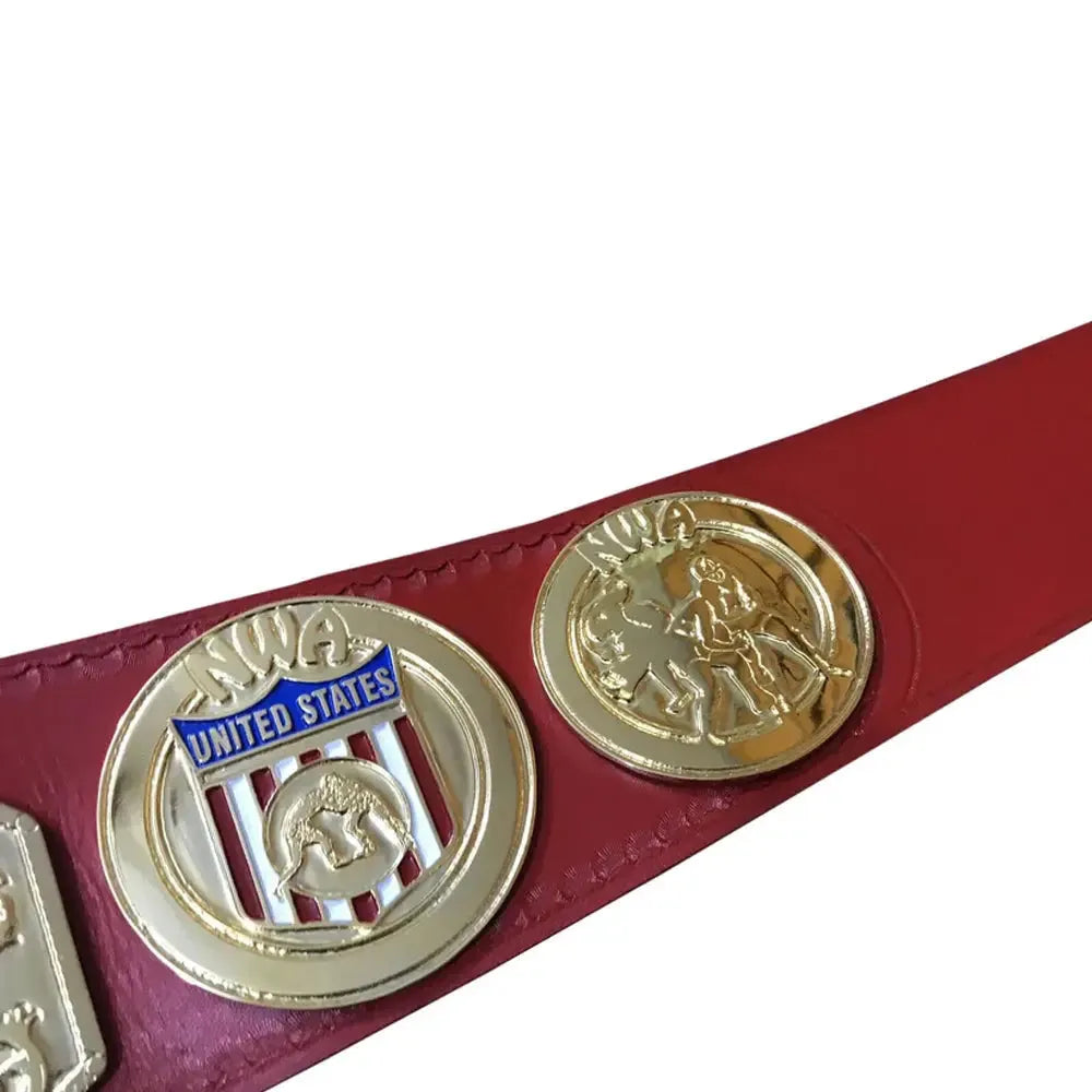 Nwa United States tag team replica belt with gold plates and red leather strap