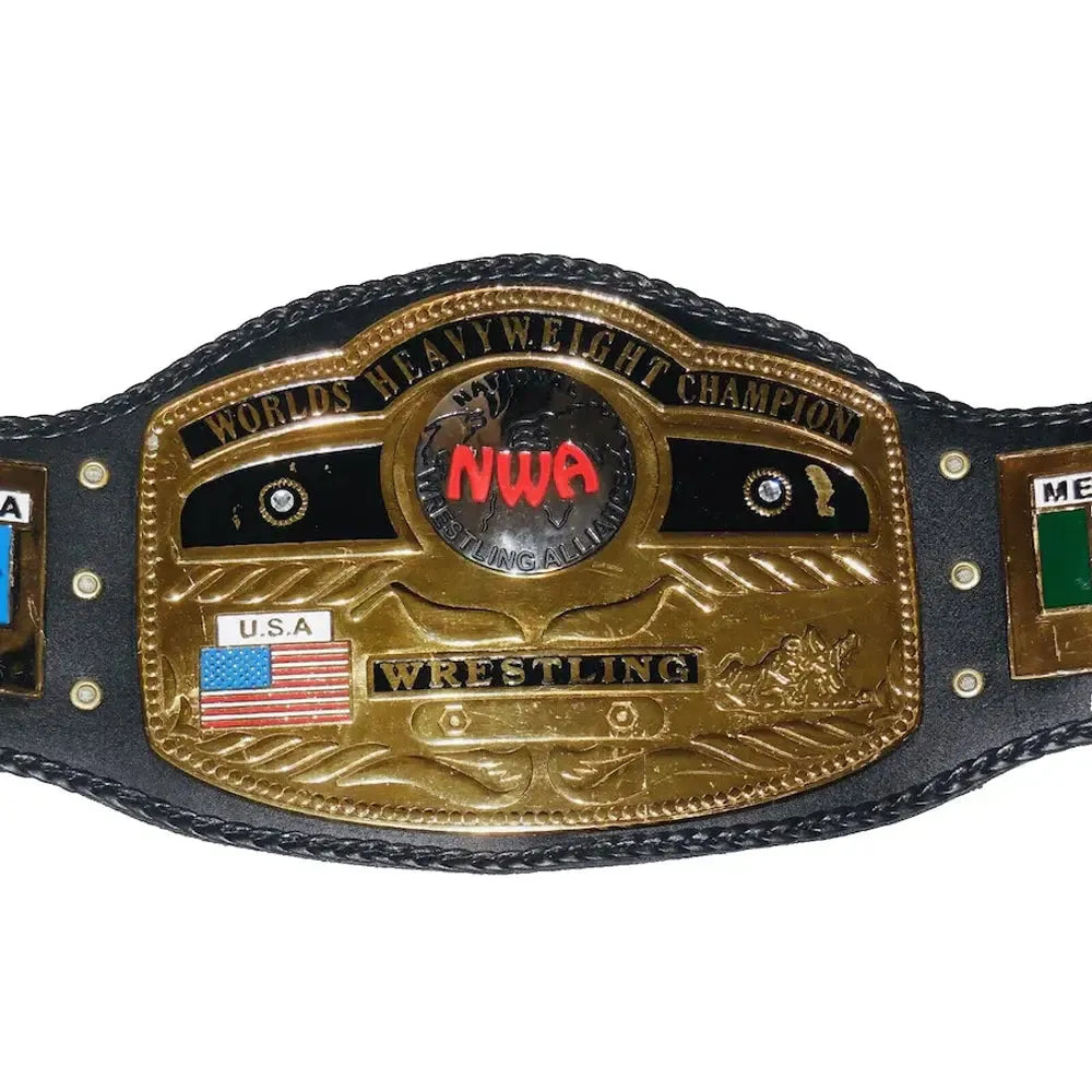 NWA world heavyweight championship replica belt with gold plate and black strap from Championship Belts Online