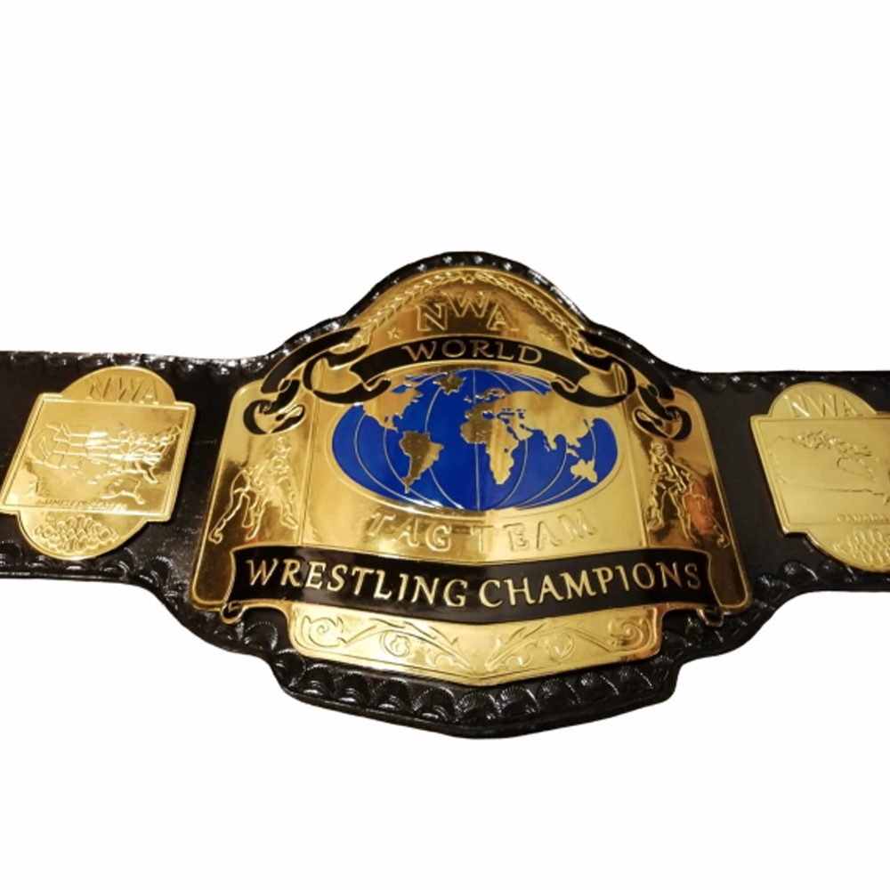 NWA World Tag Team Championship replica belt with gold plates and black leather strap by Championship Belts Online