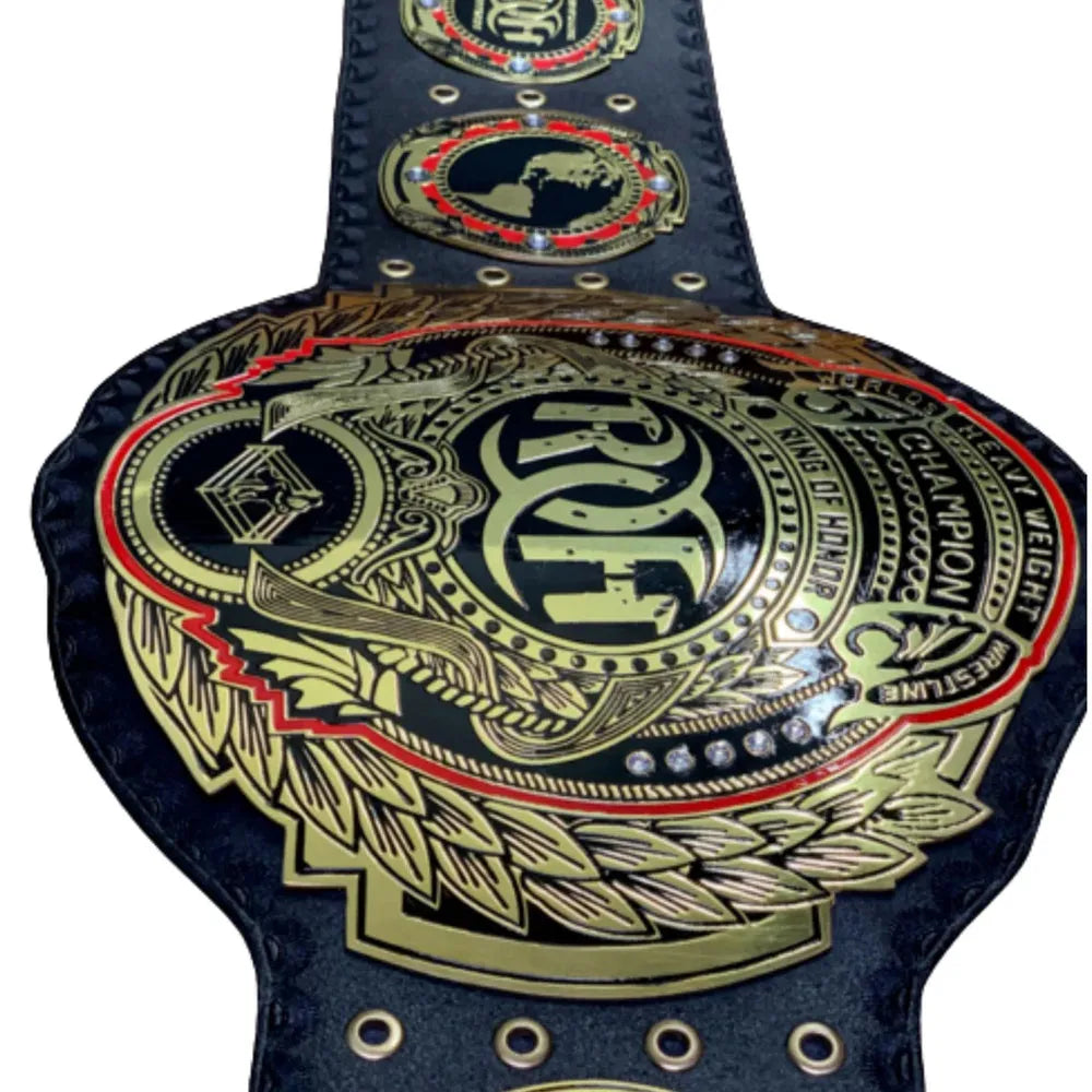 Ring of Honor championship belt for sale with gold and black detailed design by Championship Belts Online