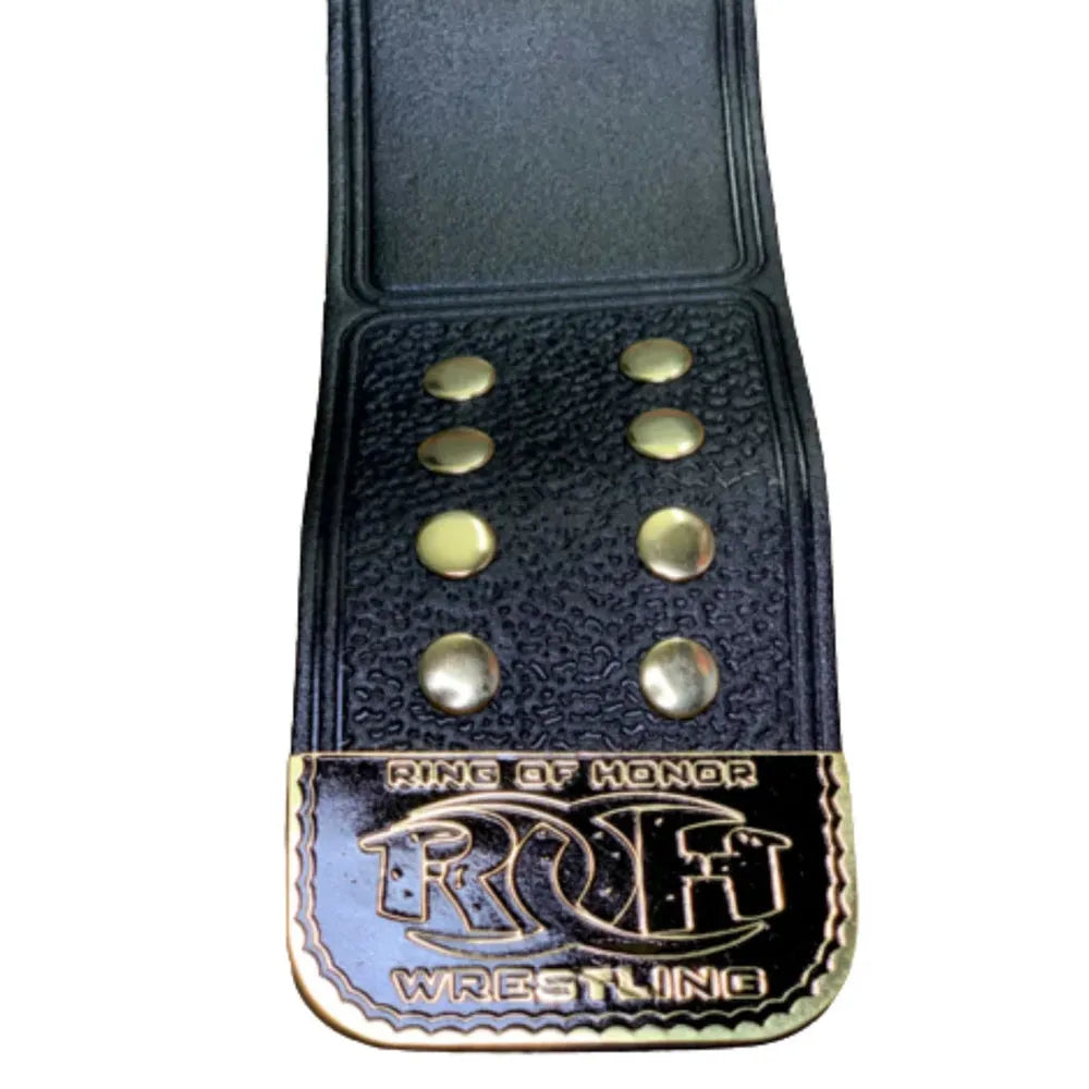 Ring of Honor championship belt for sale with black leather strap and gold plated logo plate