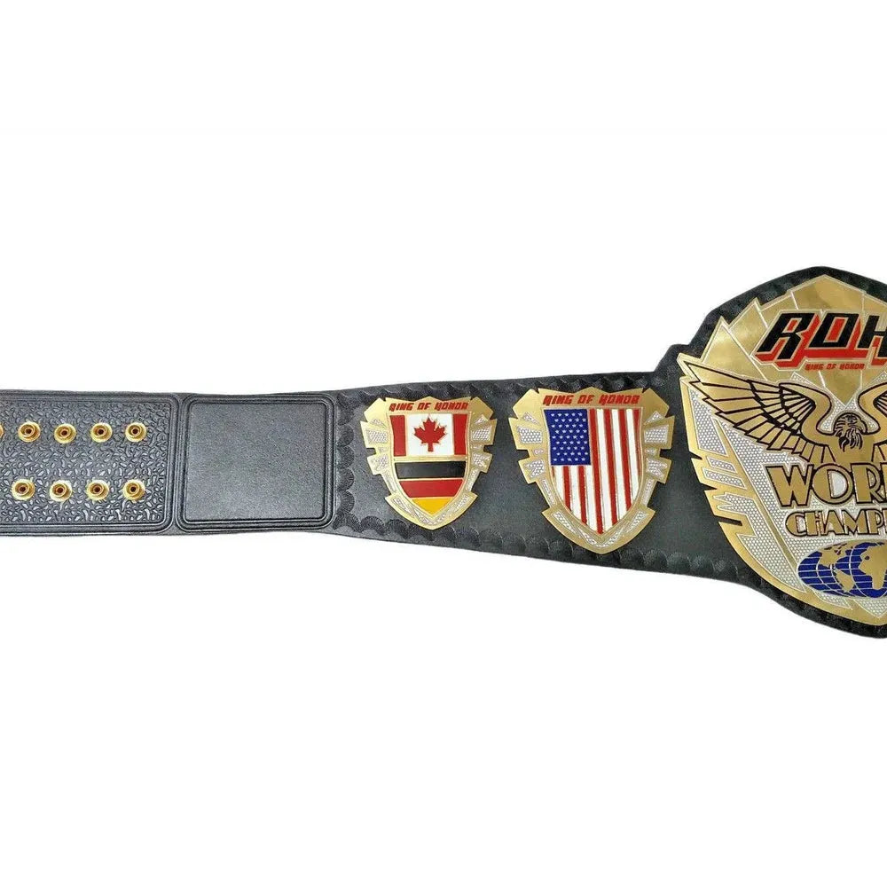 Ring of Honor championship belt with gold plates and Canadian and American flags on black leather strap