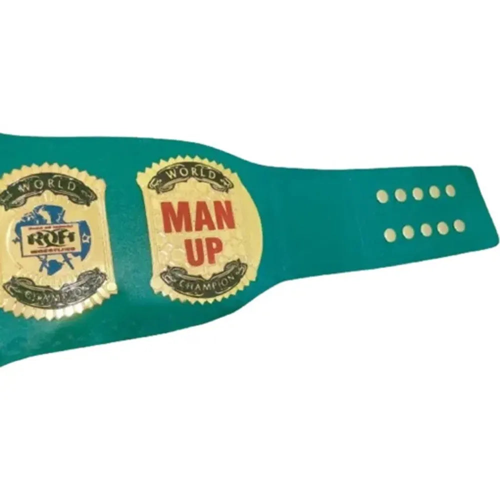 ROH replica championship belt with green strap and gold world champion plates by Championship Belts Online