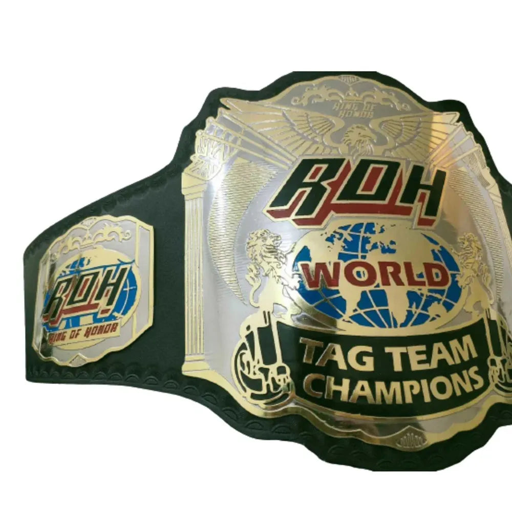ROH tag team championship belt replica with gold plating and black leather strap from Championship Belts Online