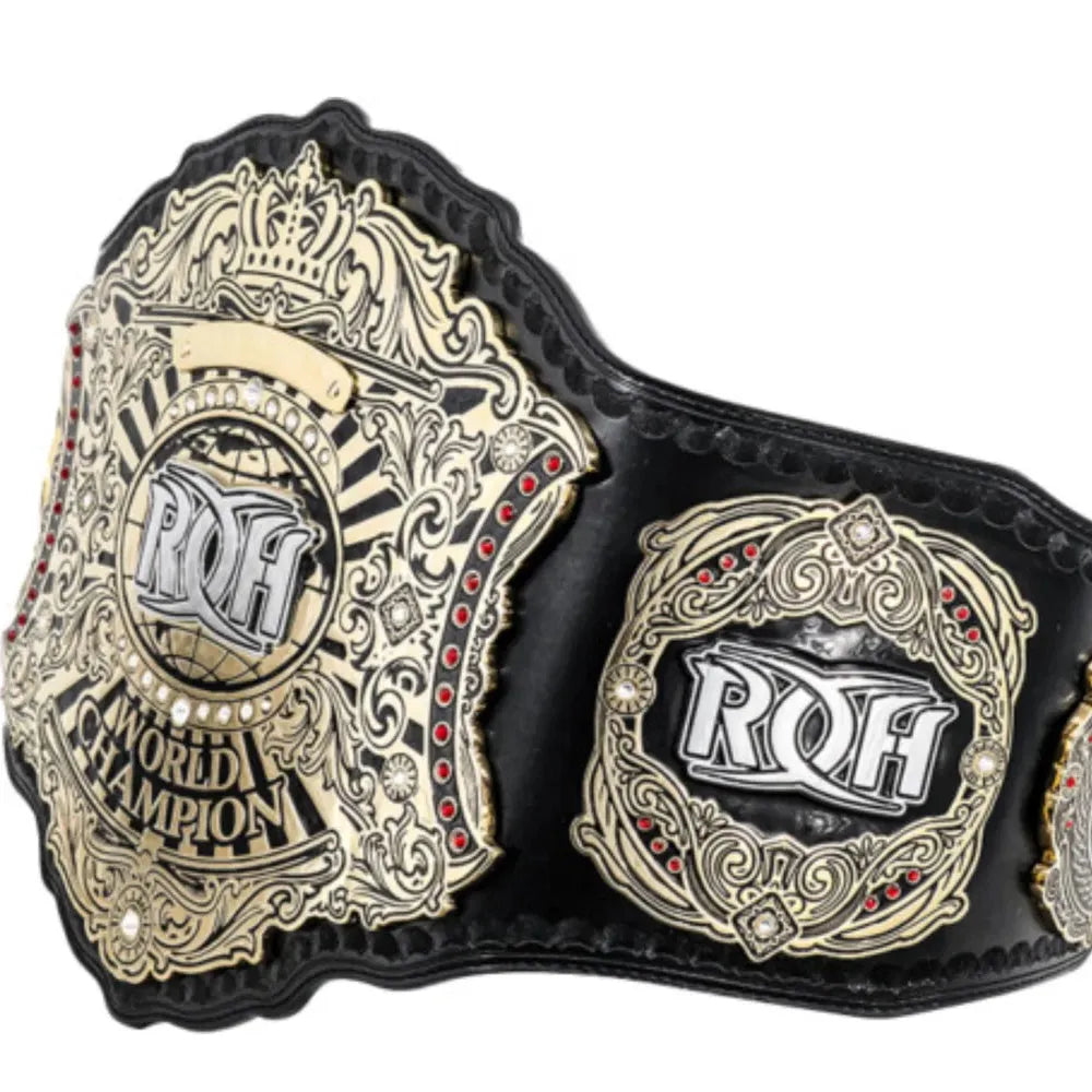 ROH World Championship replica belt with detailed gold and black design from Championship Belts Online