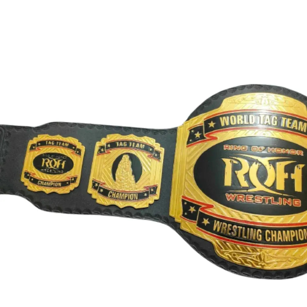 ROH World Tag Team Title replica championship belt with gold plates and black leather strap