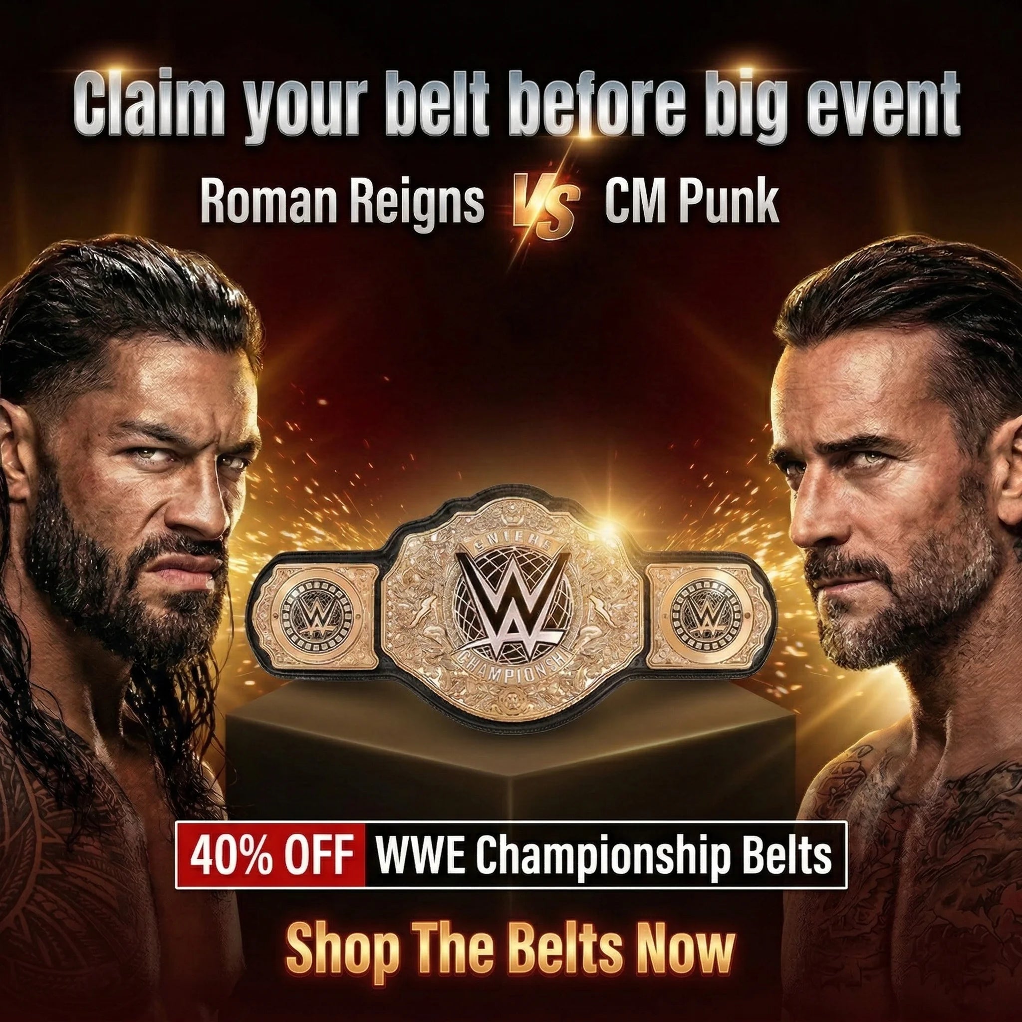 WWE championship belt displayed between Roman Reigns and CM Punk with special 40 percent sale banner
