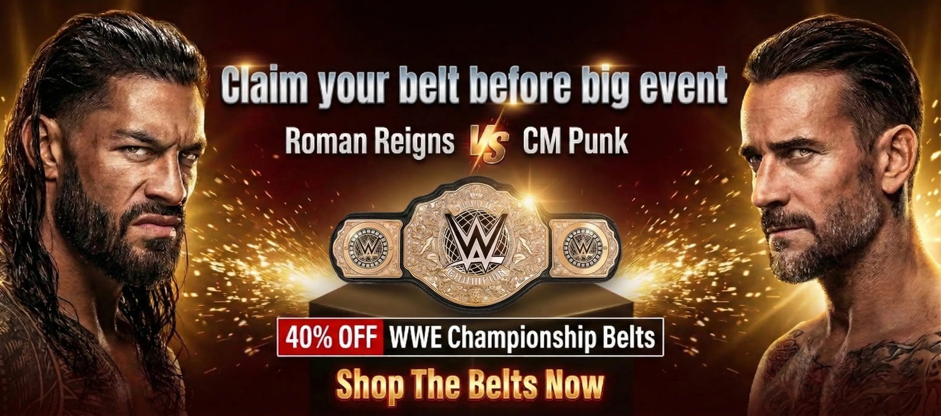 Roman Reigns vs CM Punk WWE championship belt promotion with 40 percent discount before the big event