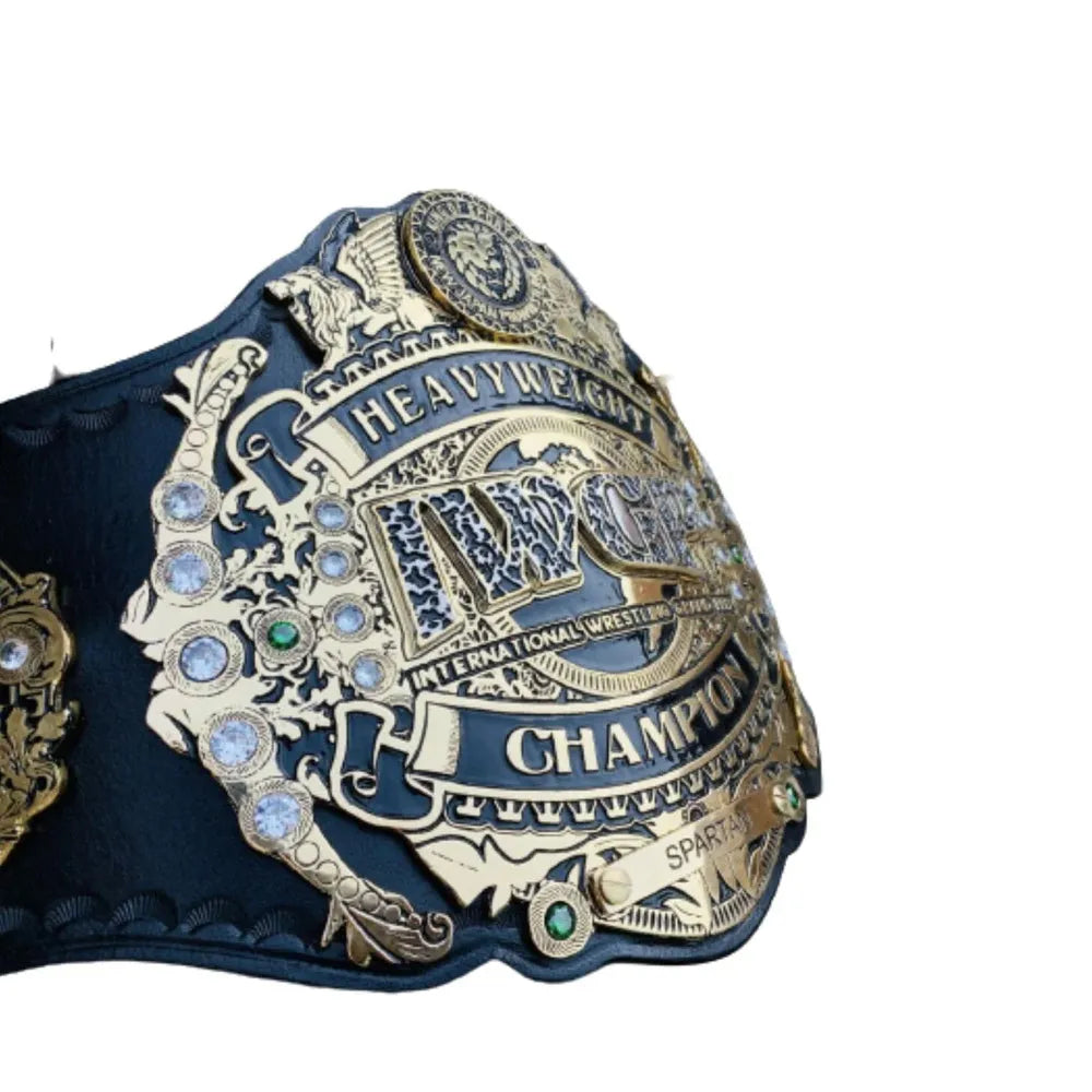 IWGP Heavyweight Championship replica belt with detailed gold plating and jewel accents on black leather strap
