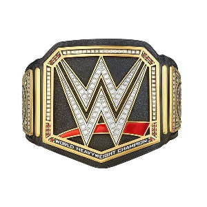 WWE World Heavyweight Champion belt, featuring a black strap and a gold center plate with diamond-studded WWE logo.