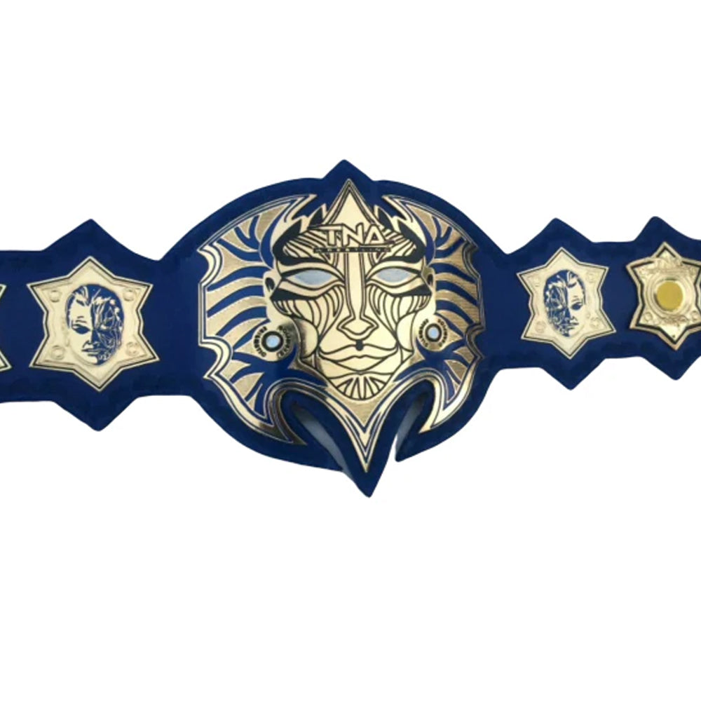 TNA Jeff Hardy championship belt with intricate gold and blue face design from Championship Belts Online