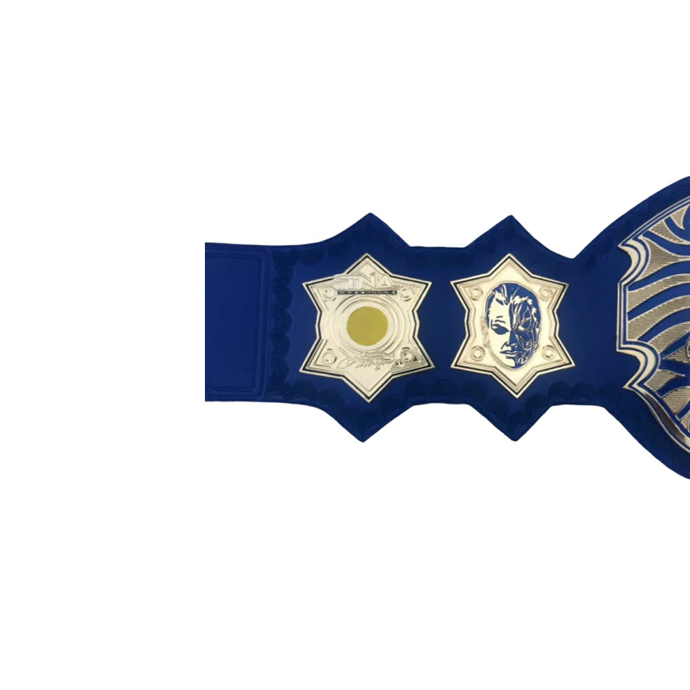 Close-up of TNA Jeff Hardy championship belt side plates on blue leather strap