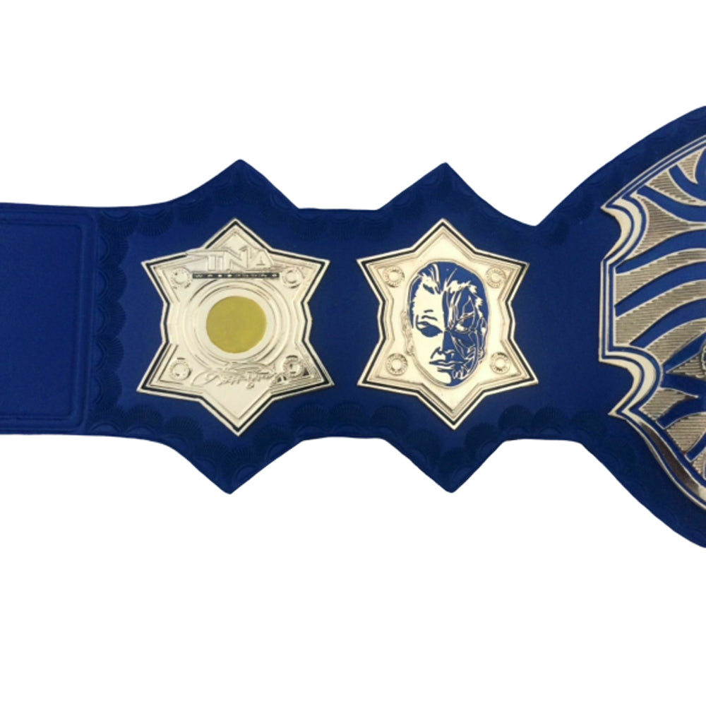 TNA Jeff Hardy championship belt replica with detailed side plates and blue strap by Championship Belts Online