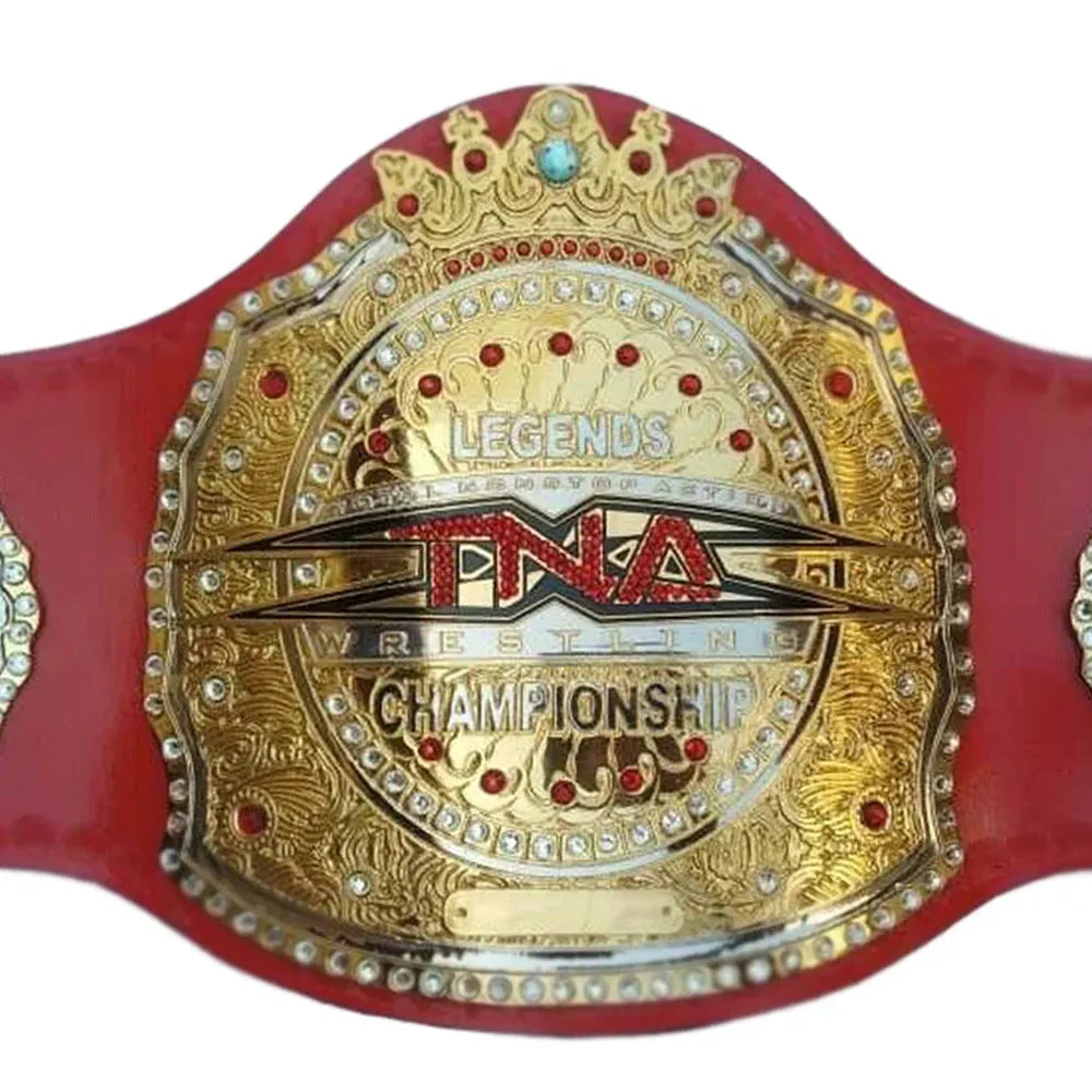 TNA Tag Team Championship replica belt with gold detailing and red leather strap by Championship Belts Online