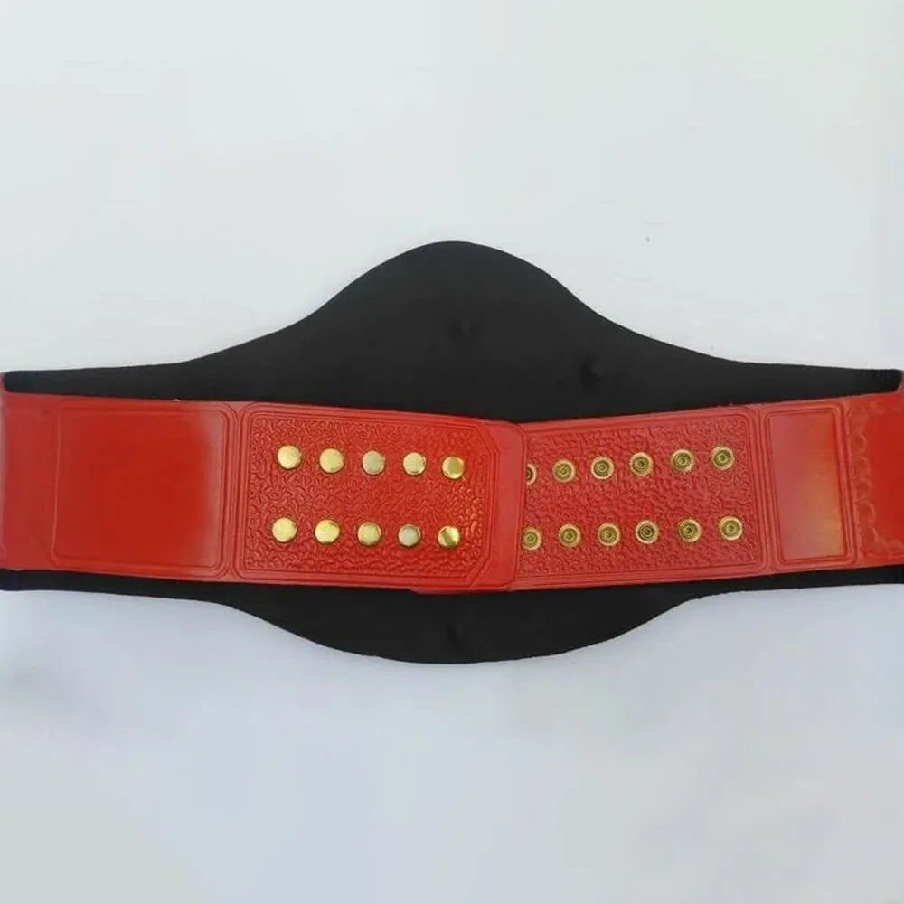 Back view of TNA Tag Team Championship replica belt with red strap and gold studs from Championship Belts Online