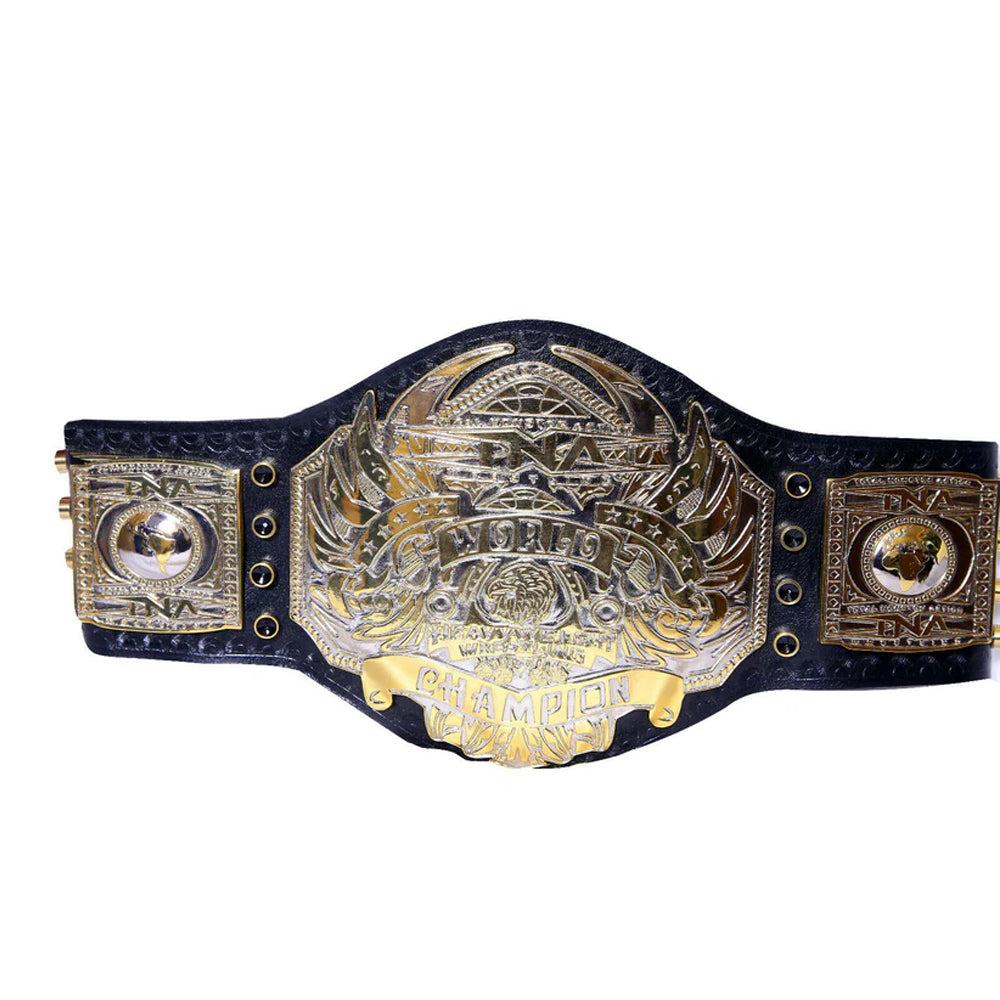 TNA World Heavyweight Championship belt with gold and silver detailing on a black leather strap