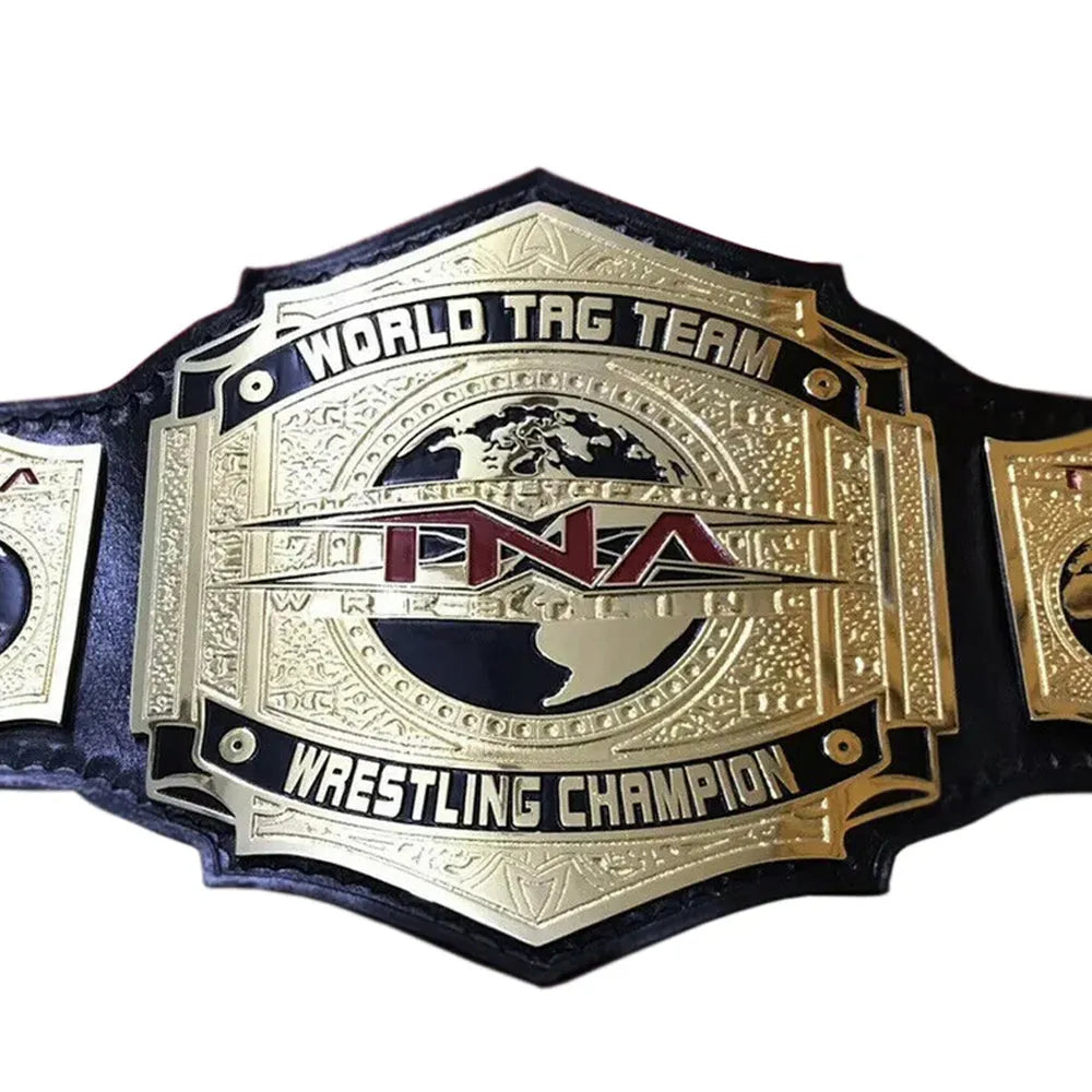 TNA World Tag Team title belt with gold plates and black leather strap by Championship Belts Online