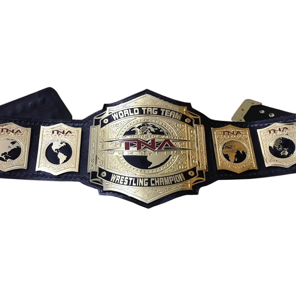 TNA World Tag Team title belt with gold plates and black leather strap 